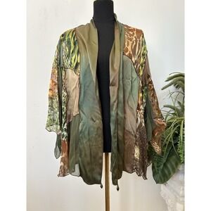 NWT Simply Silk Women's Kimono Green Geometric Art Open Front Boho Festival 3X
